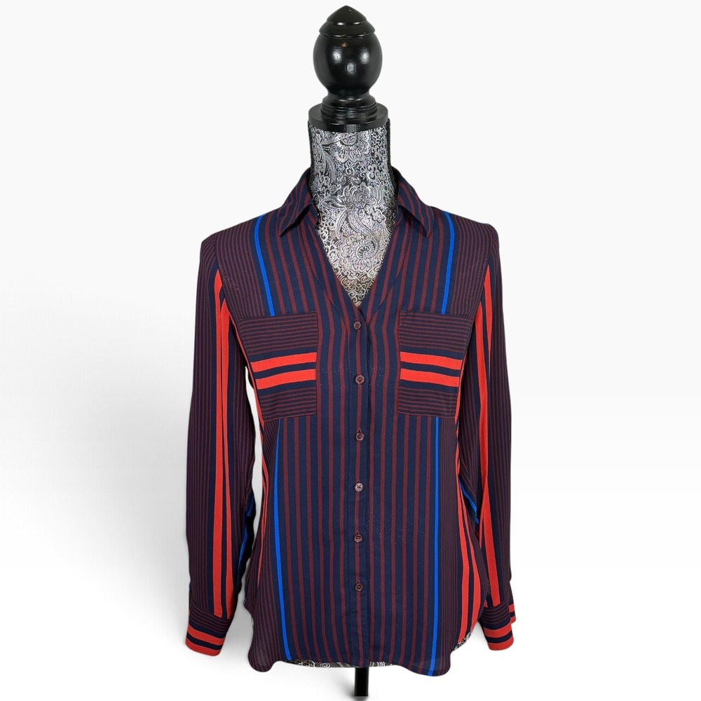 Express Portofino XS Red Navy Blue Striped Button Down Long Sleeve Blouse